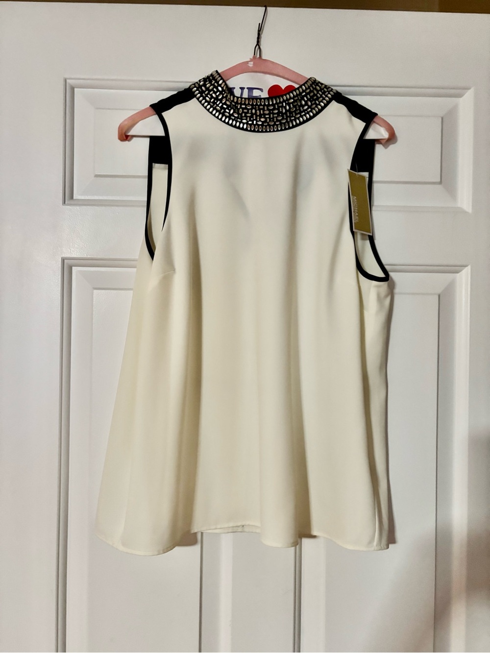 NWT - Michael Kors embellished Neck Ivory Sleeveless Blouse with Black Trim